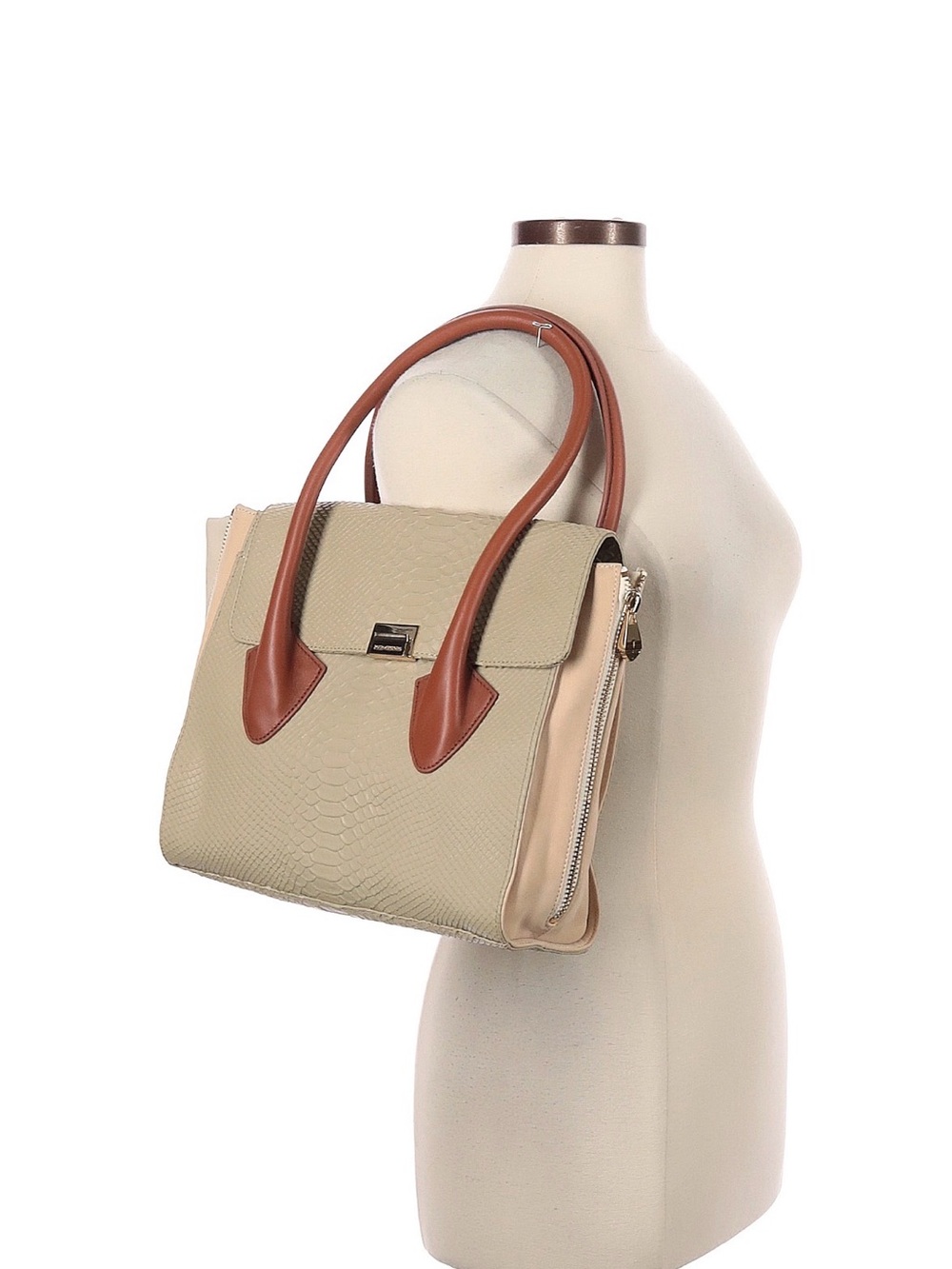 Pour La Victoire - Women’s Neutral Textured Satchel with Brown Handles